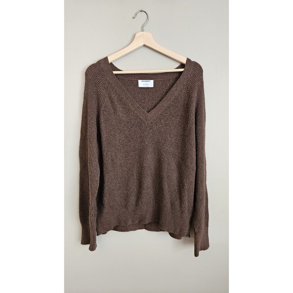 Old Navy Womens Small Brown Ribbed Knit V-Neck Sweater Raglan Long Sleeve